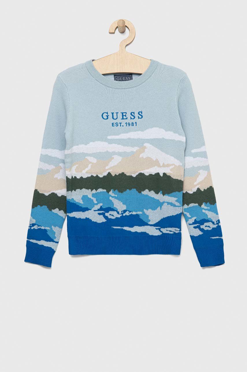 Swetry dla chłopców - Guess sweter bawełniany dziecięcy kolor niebieski lekki - grafika 1