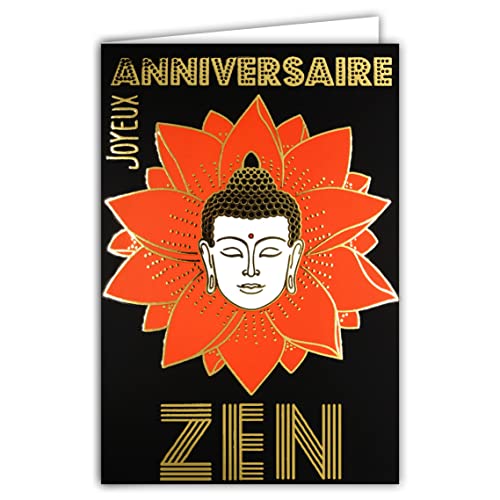 65-1408 Kartka z okazji urodzin Zen kwiat lotosu pomarańczowy Budda w złotym kolorze błyszczącym relaks relaks dobre samopoczucie Medytacja Filozofia Dekoracja z białą kopertą Format 17,5x12cm AFIE