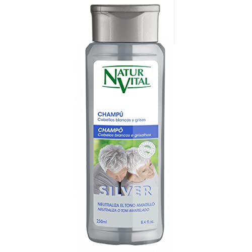 NaturVital - Srebrny szampon, bez parabenów, naturalny, białe i szare włosy, neutralizator i matujący blond włosy, niebieski pigment dla mężczyzn i kobiet, 250 ml