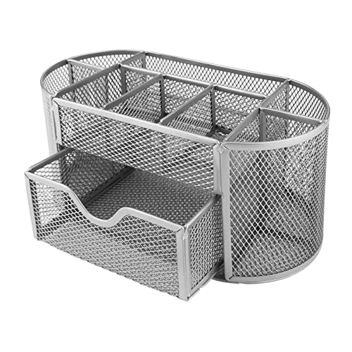 D.RECT Organizer na biurko | pojemnik na długopisy, pojemnik na długopisy, organizer stołowy z metalu | półka biurowa z uchwytem na karteczki z siatki | 350 x 297 x 275 mm srebrny