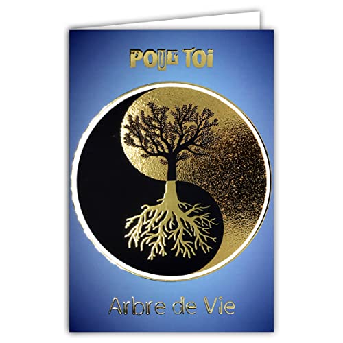 68-3002 Yin Yang złote drzewo życia kartka błyszcząca złota szczęście symbol zen mądrość siła ochrona pokój harmonia przebudzenie równowaga idealna na imprezę lub urodziny z kopertą AFIE