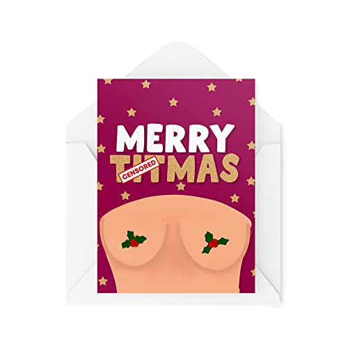 Śmieszne nowości kartki świąteczne | Merry Titmas | Boobies Cheeky Christmas Present Xmas Celebration | Banter Joke Funny | CBH1392