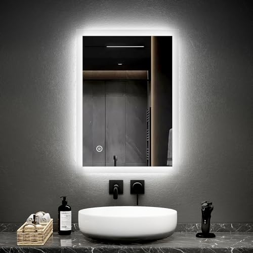 EMKE Lustro łazienkowe z oświetleniem LED, 50 x 70 cm, 6500 K, zimna biel, lustro ścienne z włącznikiem dotykowym, odporne na zaparowanie, IP44, energooszczędne A++