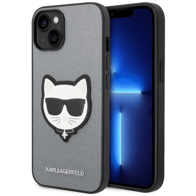 Karl Lagerfeld Etui Saffiano Choupette Head Patch do Apple iPhone 14 Plus Srebrny