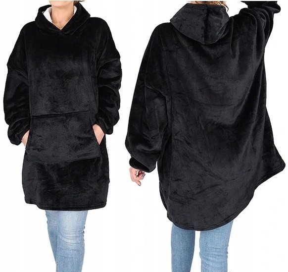 Ciepła Bluza Xxl Koc Oversize Czarna 2W1 Zima