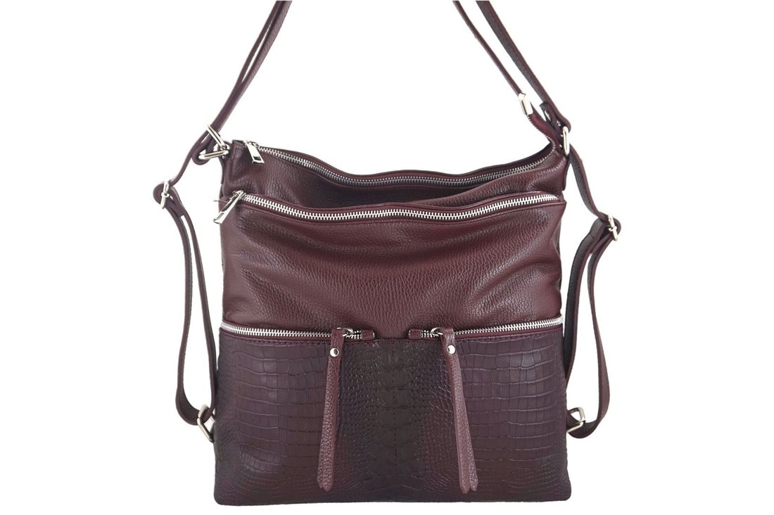Torebka skórzana damska - worek / plecak A4 - Bordowa