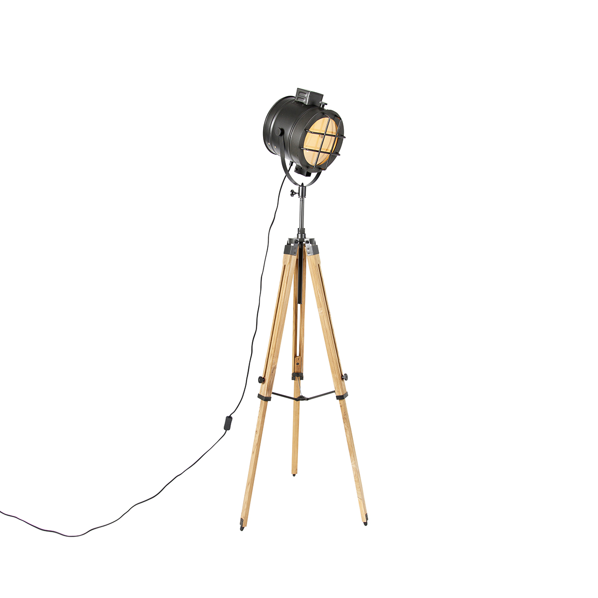 QAZQA Lampa podłogowa Tripod czarna z drewnianą plamą studyjną - Shiny