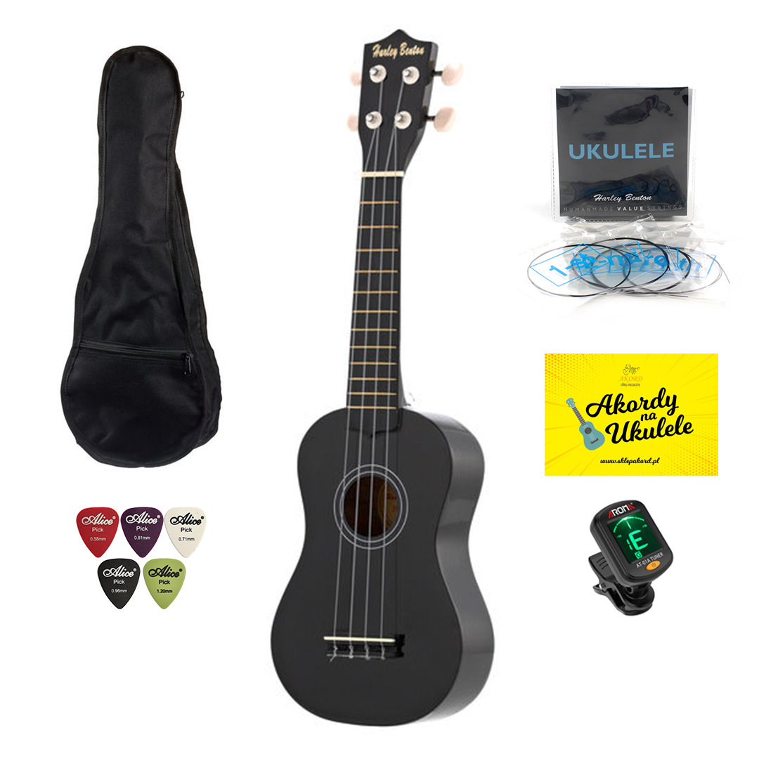 HARLEY BENTON Ukulele Black + zestaw akcesoriów