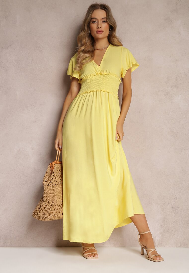 Żółta Wiskozowa Sukienka z Kopertowym Dekoltem i Gumką w Pasie Shura