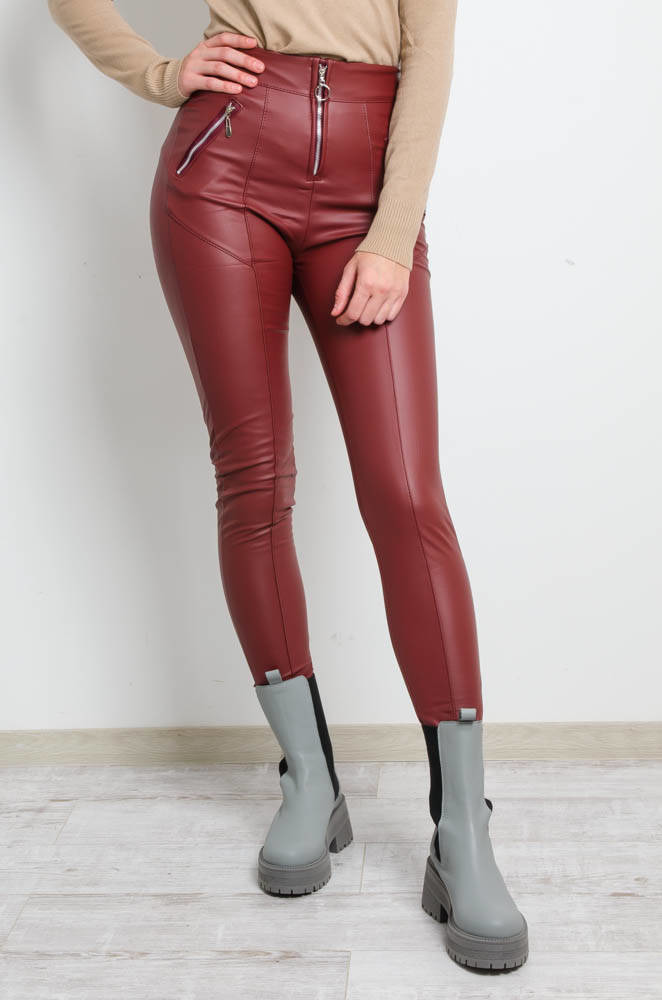 BORDOWE WOSKOWANE LEGGINSY Z PRZESZYCIAMI- WYSOKI STAN - Olika