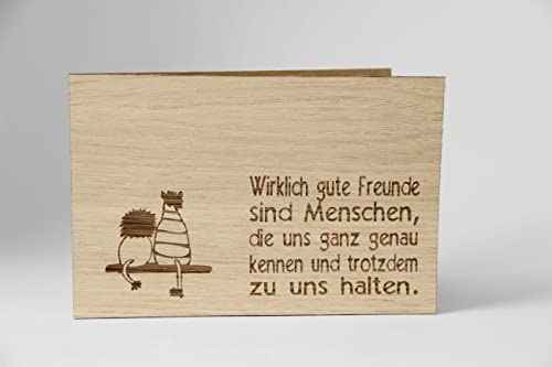 Holzgrusskarten Original Schön-Gute Freunde – 100% made in Austrii, wykonana z drewna dębowego, kartka z życzeniami, składana kartka z sentencją, kartka z życzeniami