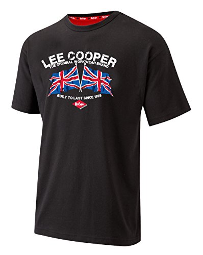 Lee Cooper LCTS012 Męska praca bezpieczeństwo Union Jack logo bawełna koszulka z okrągłym dekoltem odzież robocza top, czarny, XL