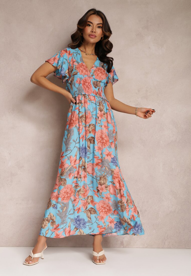Niebieska Sukienka z Szeroką Gumką w Talii w Kwiaty Shathi