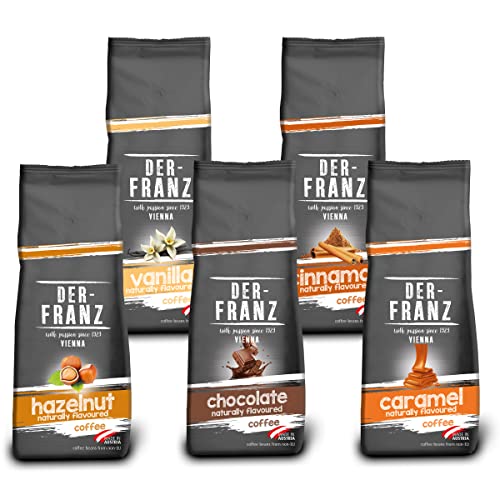 Der-Franz kawa Pack ziarnista pełna, aromatyzowana, 5 x 500 g (1 x Laskowy, 1 x Waniliowym, 1 x Czekoladowym, 1 x Cynamonowym, 1 x Karmelowym)
