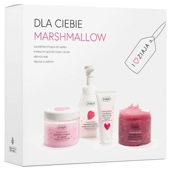 Ziaja Zestaw Marshmallow, galaretka myjąca do kąpieli, 260 ml + pianka myjąca, 250 ml + krem do rąk, 50 ml + karmelizowany peeling cukrowy, 300 ml