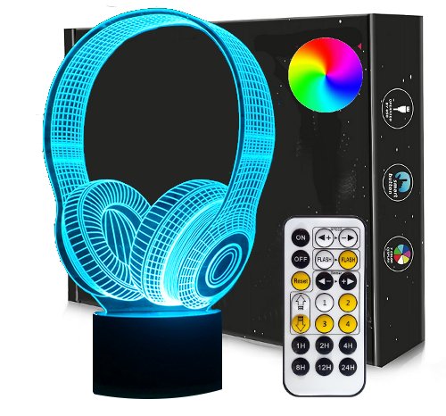 Lampka Nocna 3d Led Słuchawki Usb + Pilot Rgb