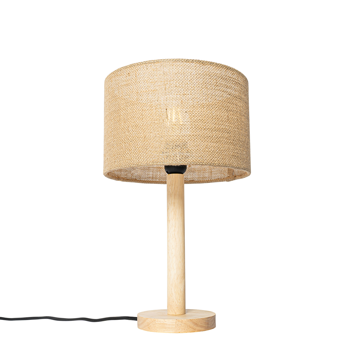 QAZQA Wiejska lampa stołowa drewniana z lnianym kloszem naturalnym 25 cm - Mels