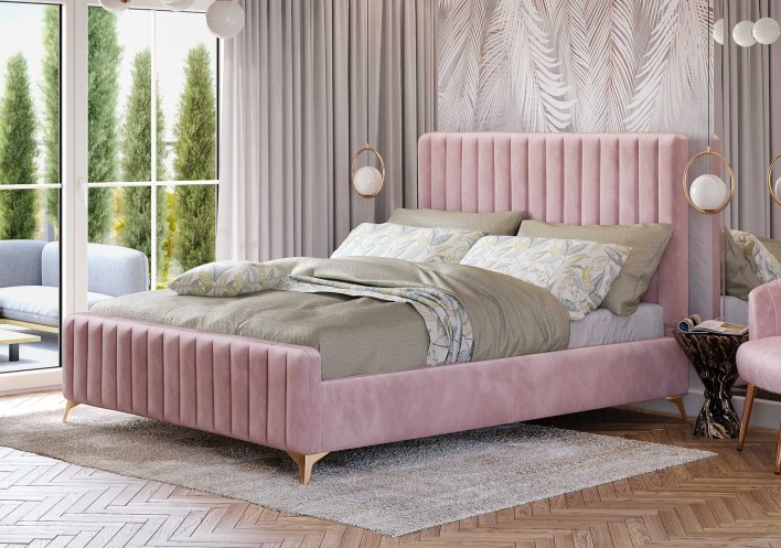 Łóżko 140x200 w stylu Glamour BELANIA (VFB-02) / Welur - Różowy