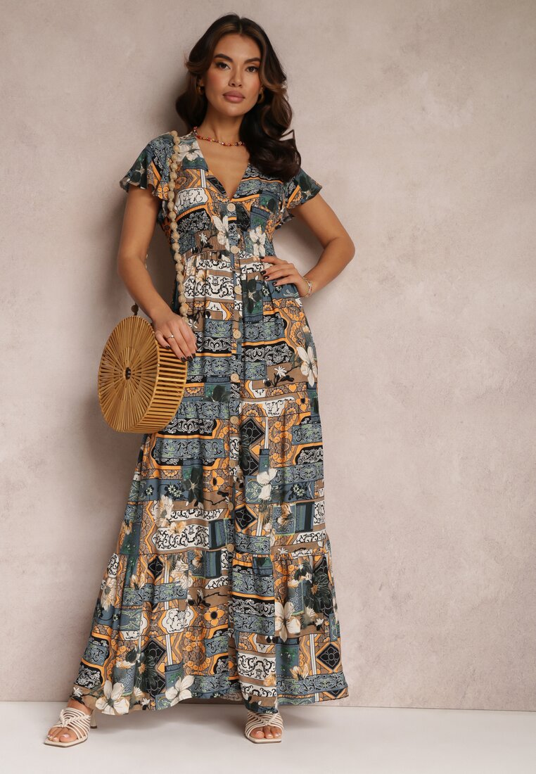 Szara Sukienka z Wiskozy Maxi z Gumką w Pasie Weha