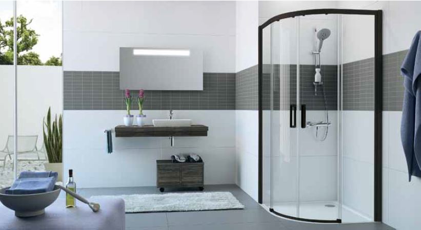 Huppe Classics 2 EasyEntry 1/4 koła Drzwi suwane do kabiny prysznicowej półokrągłej 80x80x200 cm profile czarne Black Edition, szkło przezroczyste Anti-Plaque C25501123322