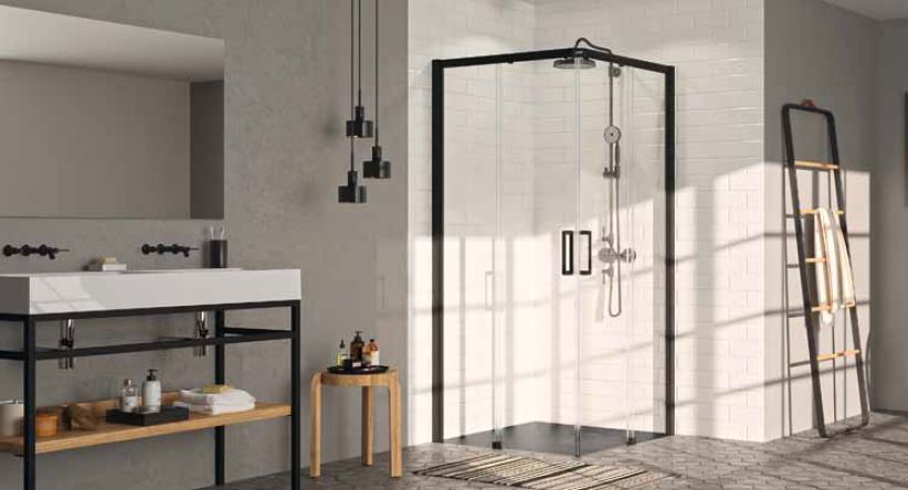 Huppe Classics 2 EasyEntry 4-kąt Wejście narożnikowe, drzwi suwane 2-częściowe 90x90x200 cm profile czarne Black Edition, szkło przezroczyste Anti-Plaque C25002123322