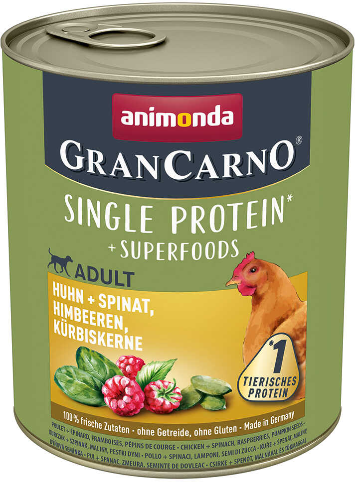 Animonda GranCarno Adult Superfoods, 6 x 800 g - Kurczak, szpinak, maliny i pestki dyni