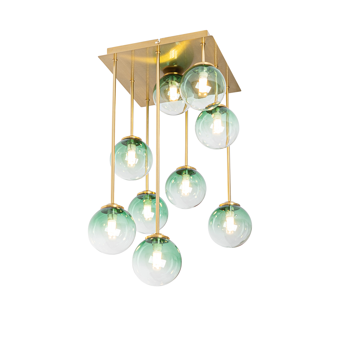 QAZQA Złota lampa sufitowa Art Deco z zielonym szkłem 9 świateł - Ateny