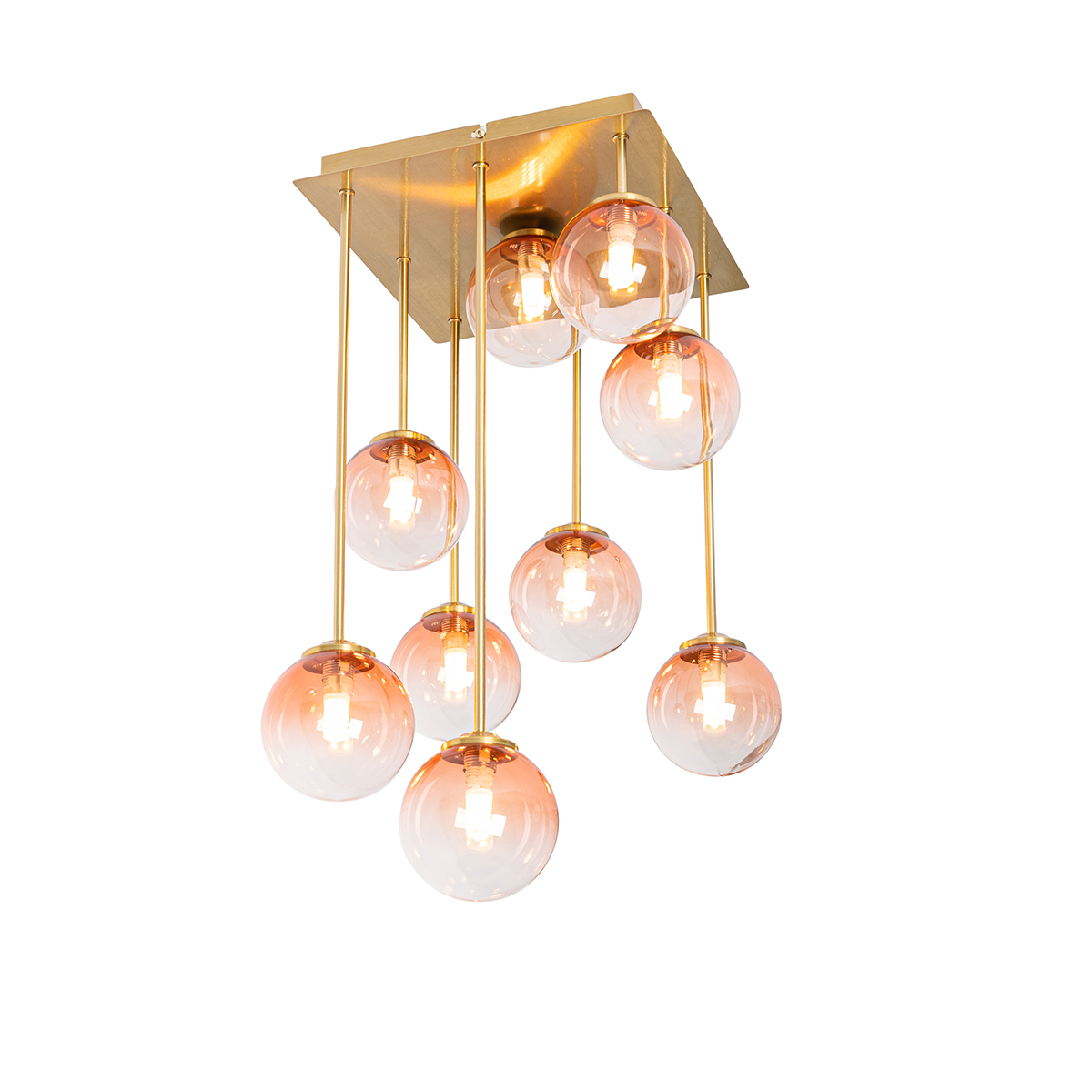 QAZQA Złota lampa sufitowa Art Deco z różowym szkłem 9 lampek - Ateny