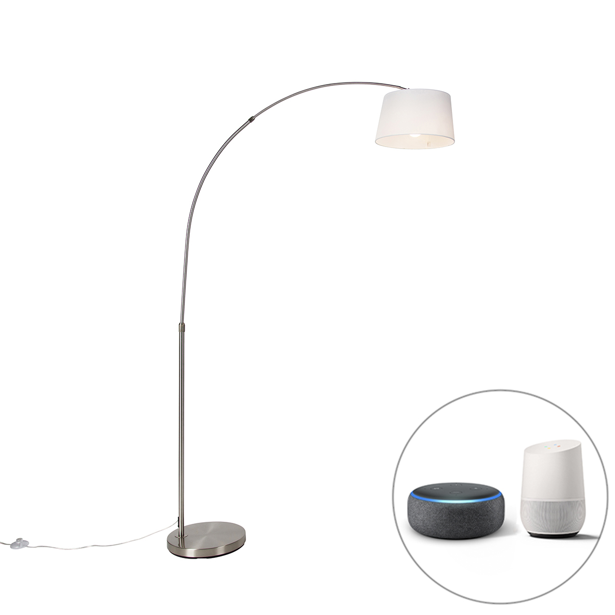 QAZQA Inteligentna lampa łukowa ze stali z kloszem z białej tkaniny, w tym Wi-Fi A60 - Arc Basic