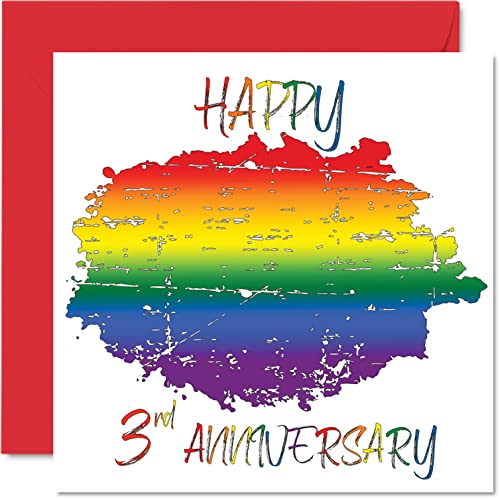 LGBT Gejowska skórzana karta rocznicowa dla męża żony - Happy Ajuary, kartka z okazji trzeciej rocznicy ślubu dla partnera, 145 mm x 145 mm Gay Pride LGBT kartki okolicznościowe na trzecie rocznice