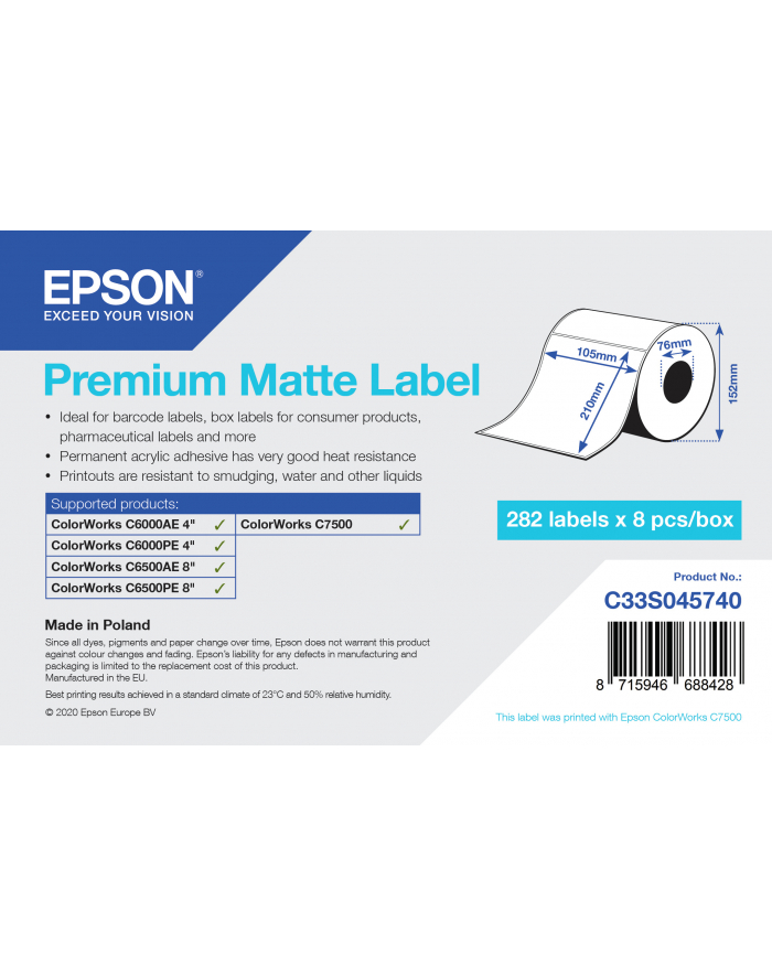 Epson Premium Matte Label - Die-Cut Roll: 105mm x 210mm, 282 labels C33S045740