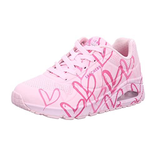 Skechers Damskie trampki UNO, różowe W wielokolorowy nadruk serca Durabuck/Mesh, 4 UK, Różowa W wielokolorowy nadruk w kształcie serca Durabuck Mesh, 37 EU