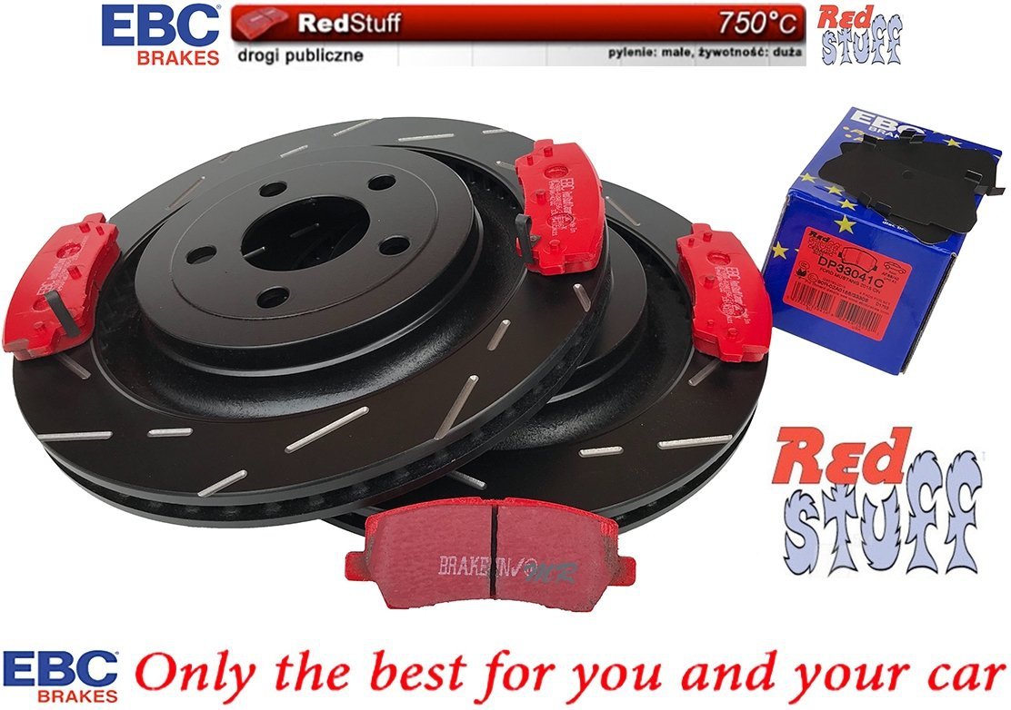 Tylne klocki RedStuff + NACINANE WENTYLOWANE tarcze hamulcowe 330mm EBC seria USR Ford Mustang 2015-