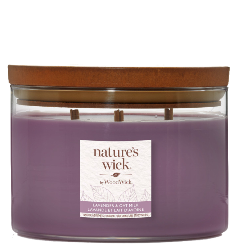 WoodWick Natures Wick Świeca w szkle z 3 drewnianymi knotami Lavender & Oatmilk 1szt