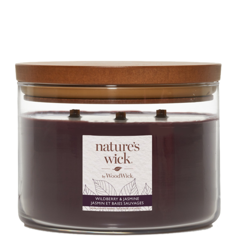 WoodWick Natures Wick Świeca w szkle z 3 drewnianymi knotami Wildberry & Jasmine 1szt