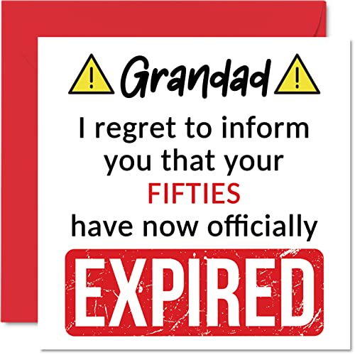 Śmieszne kartki na 60. urodziny dla dziadka – 'Your Fifties Have Expired' – kartka urodzinowa dla dziadka od wnuczka wnuczki, 145 mm x 145 mm żart humor urodziny kartki okolicznościowe prezent