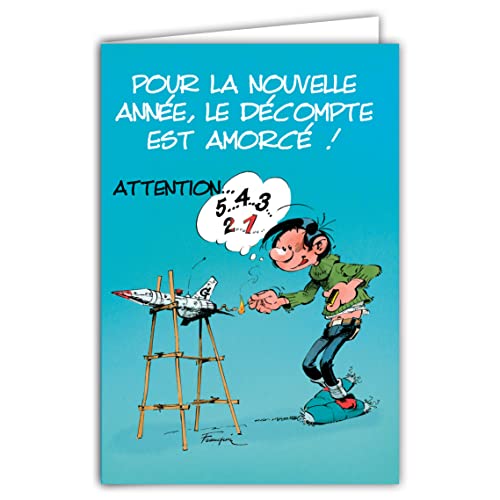 GASTON LAGAFFE Kartka z życzeniami na Nowy Rok Szczęście Liczenie Rakieta Północ Ilustracja Rysunek Kreskówka Humor Belgijski Komiks Franquin Papier PEFC AFIE XGL 001 BA