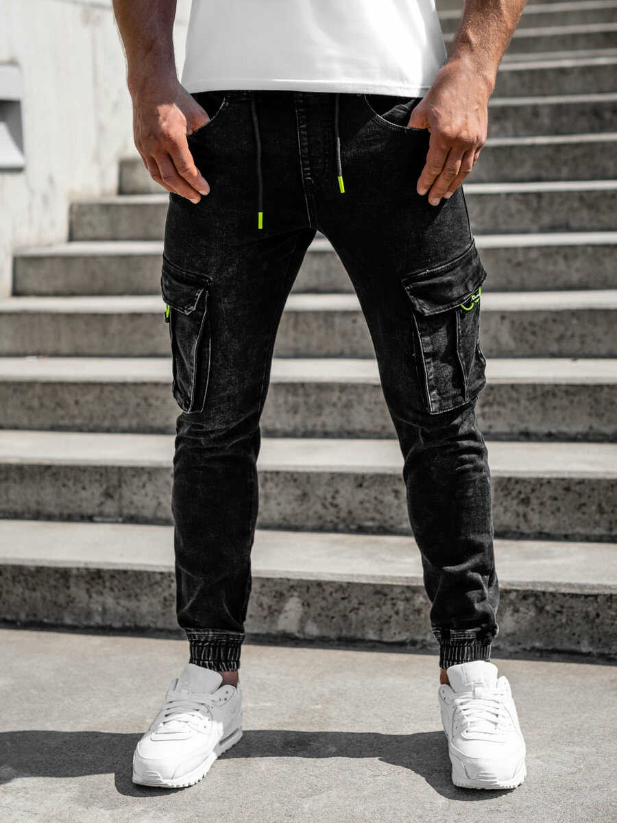 Czarne spodnie jeansowe joggery bojówki męskie Denley KA9581