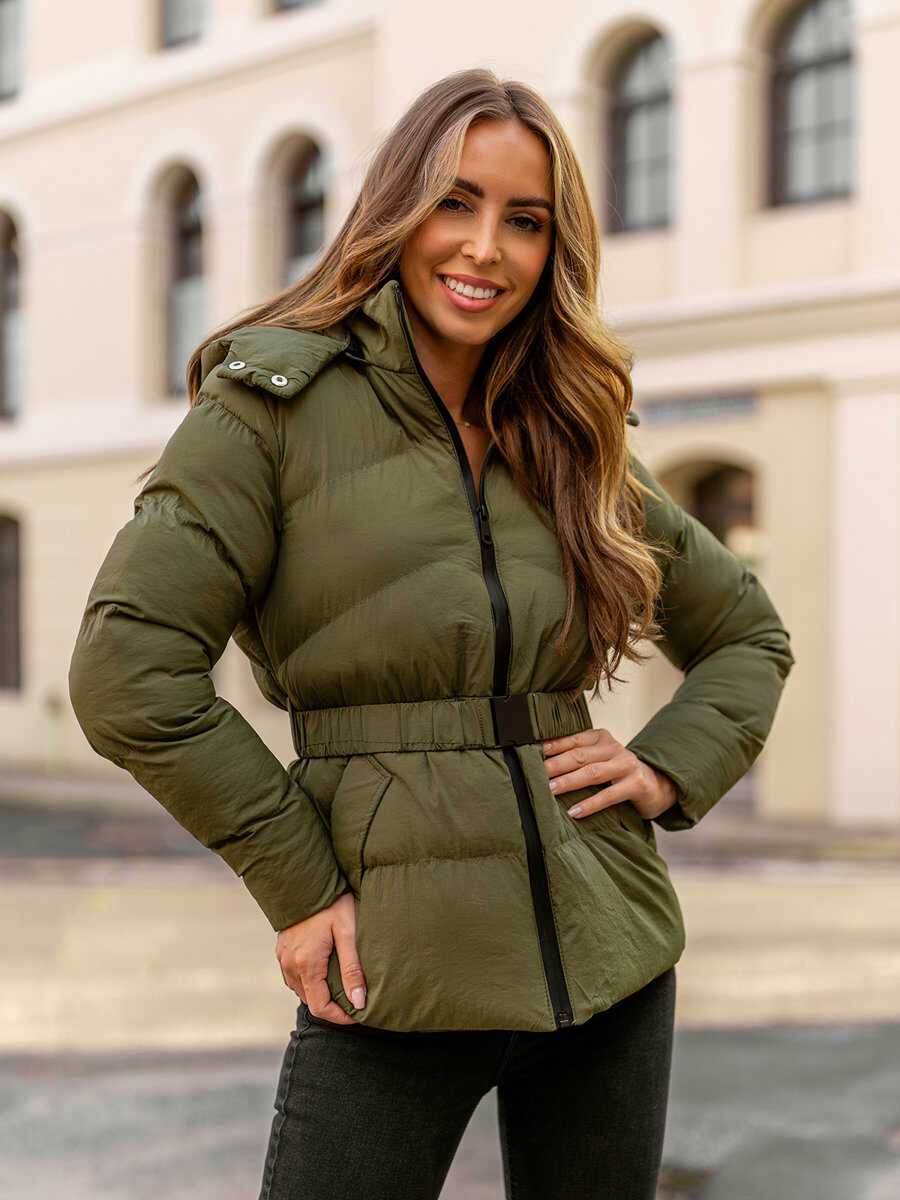 Khaki pikowana kurtka damska zimowa z kapturem Denley 23060
