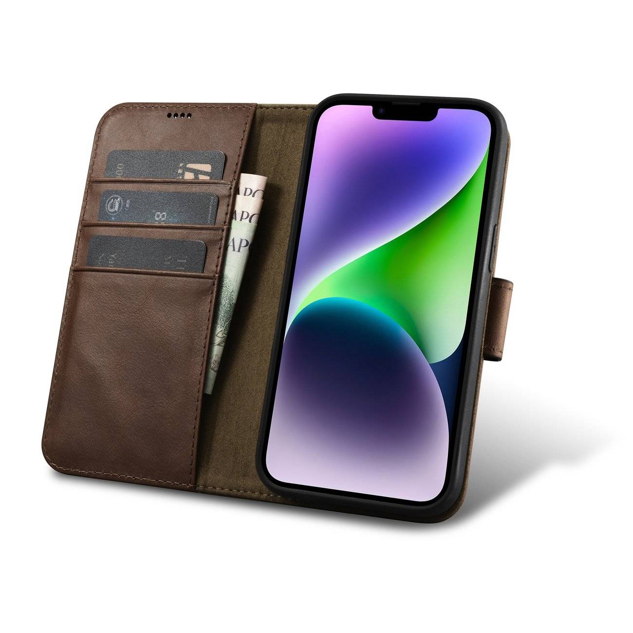 iCarer Oil Wax Wallet Case 2in1 etui iPhone 14 skórzany pokrowiec z klapką Anti-RFID brązowy (WMI14220721-BN)