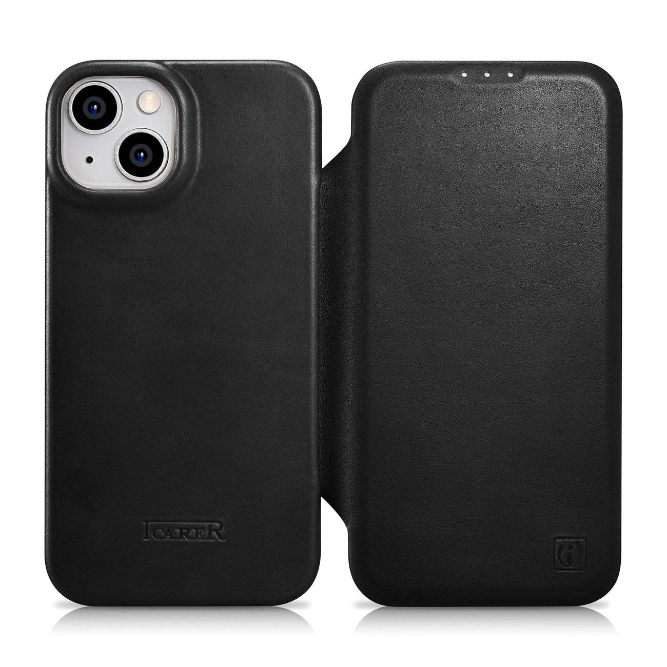 iCarer CE Oil Wax Premium Leather Folio Case skórzane etui iPhone 14 Plus z klapką magnetyczne MagSafe czarny (AKI14220707-BK)