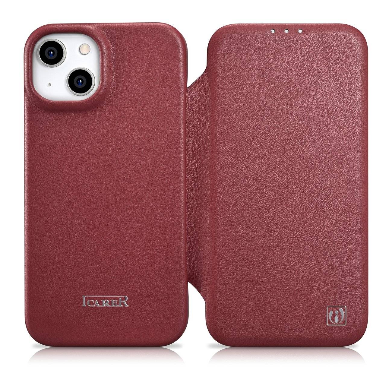 iCarer CE Premium Leather Folio Case skórzane etui iPhone 14 z klapką magnetyczne MagSafe czerwony (WMI14220713-RD)