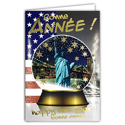 Szczęśliwego Nowego Roku Złote Złote Złote Karty z Kopertą Najlepsze życzenia Płatki Śniegu Kula Nowy Jork USA Stany Zjednoczone Ameryki Statua Wolności Pomnik Flaga 61-4044-B BA