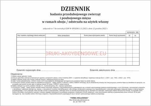 Dziennik badania przedubojowego zwierząt i poubojowego mięsa (GLW BP.0200.1.11.2022, zał. nr 7) [PIW-109]
