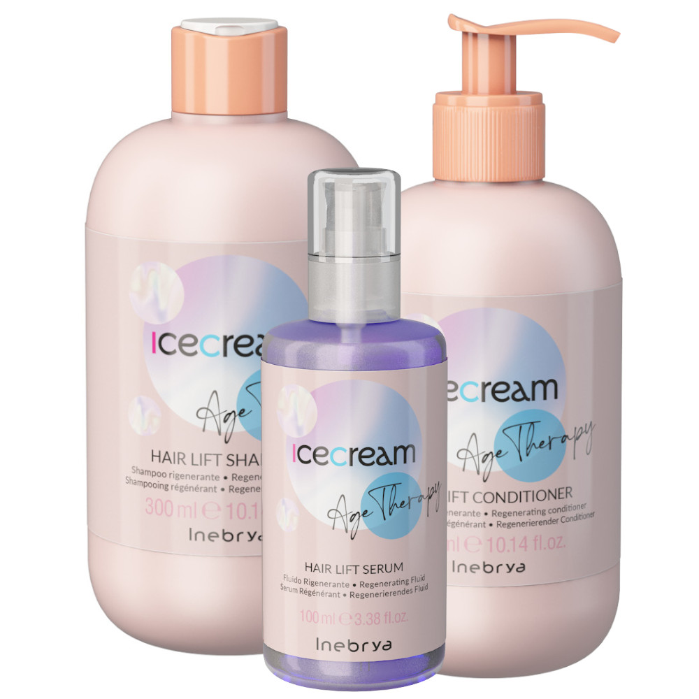 Inebrya Ice Cream Hair Lift, zestaw regenerujący do włosów dojrzałych, porowatych lub po zabiegach, szampon + odżywka + serum