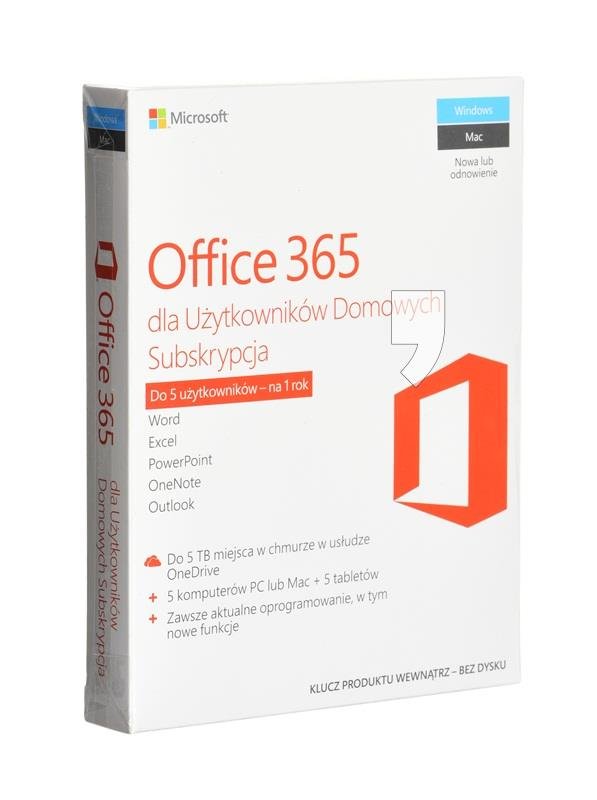 Microsoft Office 365 dla Użytkowników Domowych, 5 użytkowników, 1 rok, polski