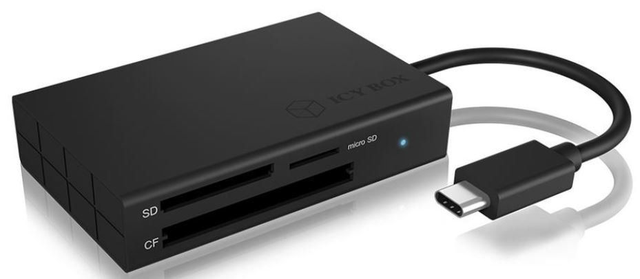 Icy Box ICY BOX IB-CR401-C3 USB 3.0 Type-C card reader do CF, SD i kart pamięci microSD, SD 4.0/UHS-II, aluminium, zintegrowane korytko kablowe, czarna IB-CR401-C3
