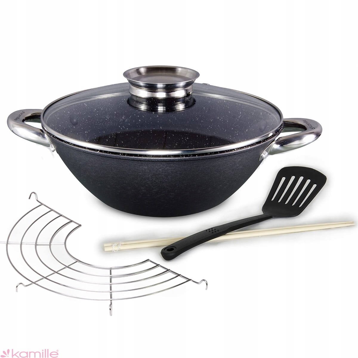 Kamille Wok patelnia żeliwna z powłoką marmurkową 26cm + gratisy 4815MR