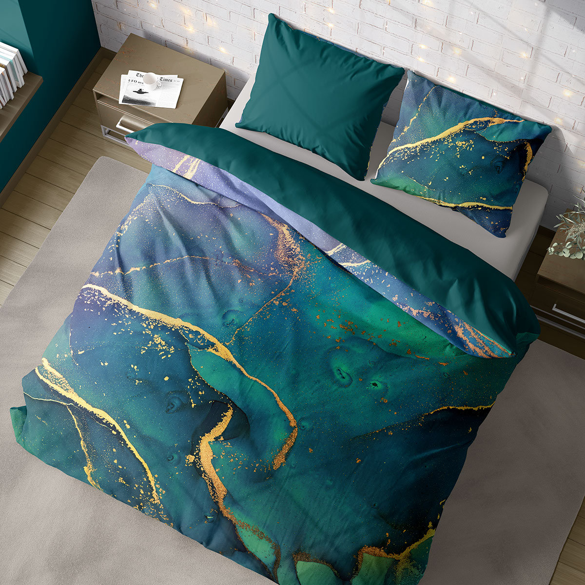 Pościel z bawełny satynowej, Minerals 001, zielono-fioletowa abstrakcja, 160x200 cm, 3-częściowa