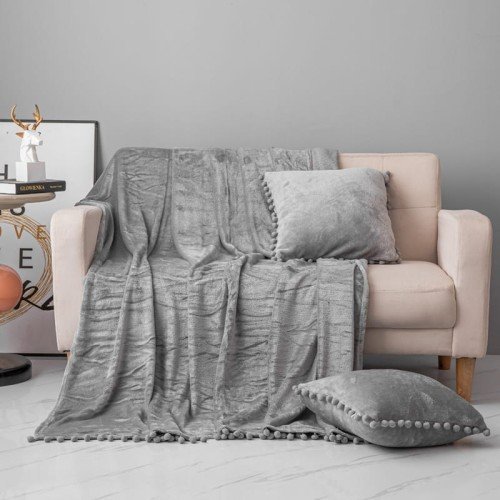 Spod Igły i Nitki, Szary Koc z Pomponami  Pompie, 150x200 cm